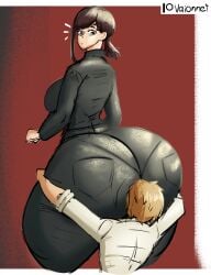 1boy 1girls anime ass ass_worship big_ass big_butt bigger_female black_clothes black_hair black_hair_female bottom_heavy bottom_heavy_female butt_worship chainsaw_man clothed clothed_female clothed_male denji_(chainsaw_man) female female_focus giantess height_difference higashiyama_kobeni huge_ass huge_butt kobeni_higashiyama larger_female male manga massive_ass massive_thighs mini_giantess questionable_consent shorter_male size_difference smaller_male vaionnet white_clothes