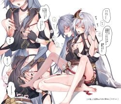 2girls bare_legs barefoot belt black_shirt blue_eyes blush bracelet breasts dark_persona embarrassed fu_hua fu_hua_(herrscher_of_sentience) fu_hua_(night_squire) fu_hua_(rustic_noir) grey_hair hair_ornament hand_on_another's_chest heart highres honkai_(series) honkai_impact_3rd japanese_clothes jewelry long_hair multiple_girls nipples open_mouth red_eyes sexual_harassment shirt shorts small_breasts takakura_aki white_background white_shorts yuri