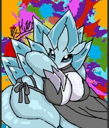 alolan_sandslash breasts clothed dress echi101 female multicolored_background nintendo pokémon_(species) pokemon pokemon_(species) solo solo_female