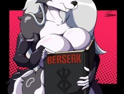 absurd_res anthro arm_tuft berserk_(series) big_breasts bite biting_lip bodily_fluids book book_covering_breasts breasts canid canid_demon canine canis collar covering covering_breasts demon eyebrows eyelashes female fur glistening grey_body grey_fur grey_hair hair hellhound helluva_boss hi_res looking_at_viewer loona_(helluva_boss) mammal meme meme_reference mythological_canine mythological_creature mythology ouch_meme red_sclera reymonrr shoulder_tuft solo spiked_collar spikes sweat sweatdrop tuft white_body white_eyes white_fu