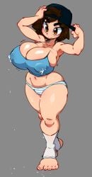 ass big_breasts blush breast_expansion female hands_on_hips huge_breasts jellot kazama_asuka large_breasts looking_at_viewer medium_hair midriff namco nipple_bulge nipples suxowell sweat tekken thick_thighs