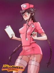 bedbug_(artist) braid brown_eyes brown_hair danganronpa danganronpa:_trigger_happy_havoc embarrassed flat_chest fukawa_touko glasses long_hair nurse nurse_cap nurse_uniform short_skirt small_breasts