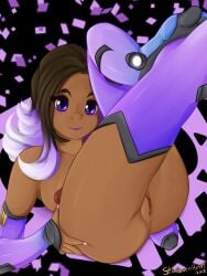 1girls breasts brown_hair dark-skinned_female dark_skin large_breasts looking_at_viewer overwatch purple_eyes solo solo_female solo_focus sombra starbornhussy vagina