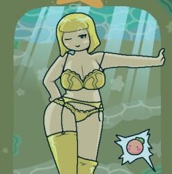 asphyxiation big_ass big_breasts big_thighs blonde_hair blush bra bubbles drowning impending_sex kirby_(series) kirby_star_allies lingerie lingerie_only okami_tomato panties stockings surprised tomato_(okami_tomato) underwater yellow_bra yellow_lingerie yellow_panties zan_partizanne