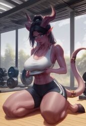 abs ai_generated black_hair blizzard_entertainment draenei gym hooves horns lifted_by_self shorts sweat tail tail_accessory tank_top tied_hair weights world_of_warcraft