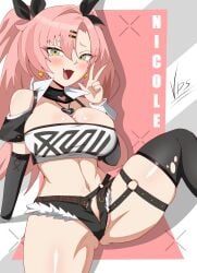 ass blush breasts female female_only light_skin long_hair nicole_demara peace_sign pink_hair seductive shorts smiling stockings tagme vdrawstuff yellow_eyes zenless_zone_zero