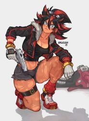 alesz01 angry angry_face black_hair booty_shorts gloves goggles_on_head gun humanization jacket jacket_open midriff midriff_baring_shirt muscle muscle_girl muscles muscular muscular_female red_highlights rule_63 shadow_the_hedgehog shorts sonic_(series) tagme_(character) tomboy white_gloves