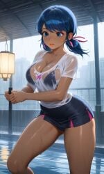 ai_generated bare_arms bare_legs black_bra blue_eyes blue_hair chloenette69 disney disney_channel eyebrows eyelashes eyeshadow ladybug_(character) large_breasts marinette_cheng marinette_dupain-cheng miniskirt miraculous:_tales_of_ladybug_and_cat_noir miraculous_ladybug outside raining thick_thighs translucent_clothing twintails wet_body wet_clothes wet_skin white_shirt