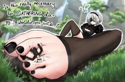 1boys 1girls barefoot bigger_female black_dress black_nails blush cum cumshot feet feet_focus giant giantess hagane_heart larger_female macro micro nier nier:_automata short_hair silver_hair size_difference size_play smaller_male soles stirrup_legwear tights toes yorha_2b yorha_9s