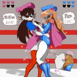 2girls black_eyes black_hair blue_boots blue_clothing blue_glasses brown_hair censored doise-tan english_text female_focus female_only health_bar hearts_around_body lesbian_sex minoyama peddita peppina_and_the_magical_tower_of_pizza pink_cape pizza_tower pussy pussy_rub pussy_rubbing red_eyes red_thighhighs standing_sex standing_tribadism thigh_boots thighhighs tribadism twintails twintails_(hairstyle) white_pants yuri