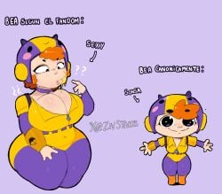 areola_slip artist_name bea_(brawl_stars) bodysuit boots brawl_stars breasts chibi choker clothed freckles freckles_on_breasts helmet honey huge_breasts open_shirt orange_hair purple_eyes short_hair smile spanish_text sweat text thick thick_thighs thighs zipper zivstarxs