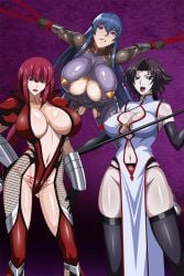 3girls akiyama_rinko black_gloves black_hair blue_hair bodysuit bondage bound breasts chains china_dress chinese_clothes cleavage crossover dress elbow_gloves gloves highres holding holding_whip koutetsu_no_majo_annerose large_breasts lee_mayfeng long_hair looking_at_viewer multiple_girls oboro_(taimanin_asagi) open_clothes open_mouth red_eyes red_hair short_hair smile taimanin_(series) whip yxyyxy