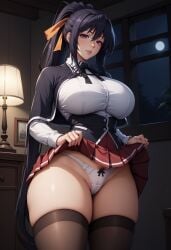 ai_generated akeno_himejima black_hair black_thighhighs female highres indoors large_breasts looking_at_viewer night panties pubic_hair purple_eyes qwertart school_uniform skirt_lift skirt_up solo stockings tagme thighhighs wide_hips