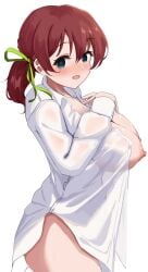 blush bottomless breasts_out emma_verde evildaddy12 female_focus female_only green_eyes hand_on_own_chest heart-shaped_pupils large_breasts long_hair looking_at_viewer love_live! love_live!_nijigasaki_high_school_idol_club no_bra open_mouth open_shirt red_hair shirt_only simple_background white_background white_shirt