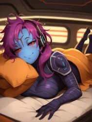 ai ai_generated alien alien_girl blue_body blue_skin red_eyes sleepy tau warhammer_(franchise) warhammer_40k