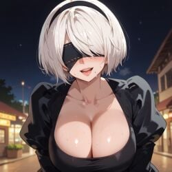 ai_generated blindfold blush breasts female huge_breasts nier nier:_automata open_mouth sweat white_hair yorha_2b