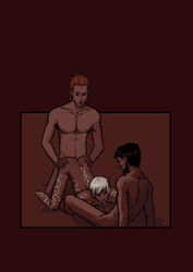 anal anal_sex anders_(dragon_age) beard black_hair dragon_age dragon_age_2 elf fellatio fenris_(dragon_age) gay hair hawke human male oral tattoos threesome white_hair yellow_hair