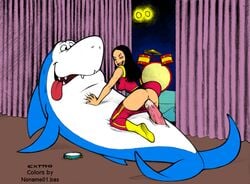 1girls ass cartoon_network cowgirl_position drum_set extro female fish hanna-barbera interspecies jabberjaw jabberjaw_(character) male sex shark shelly_lamarine size_difference straight tambourine tongue_out vaginal_penetration zoophilia