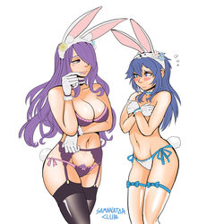 2girls animal_ears bare_shoulders blue_eyes blue_hair blush bow_panties bra breasts bunny_ears camilla_(fire_emblem) camilla_(spring)_(fire_emblem) choker cleavage covering embarrassed eyelashes fake_animal_ears fake_tail female_only fire_emblem fire_emblem_awakening fire_emblem_fates fire_emblem_heroes flower frilled_choker frills garter_belt garter_straps gloves hair_over_one_eye hourglass_figure large_breasts long_hair lucina_(fire_emblem) lucina_(spring)_(fire_emblem) multiple_girls navel panties pubic_hair pubic_hair_peek purple_eyes purple_hair samanator_club side-tie_panties simple_background small_breasts tail topless underwear white_background white_gloves