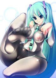 ahen aqua_eyes aqua_hair censored feet hatsune_miku long_hair necktie nipples pantyhose pov_feet see-through smell solo tied_hair toes twintails vocaloid