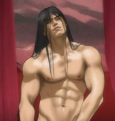 1boy abs asian asian_male black_hair color dynasty_warriors front_view hazel_eyes human human_only long_hair looking_at_viewer lu_bu male male_chest male_only muscle muscles muscular muscular_male nipples nude pecs realistic shirtless six_pack solo solo_focus solo_male toned toned_body toned_male vein