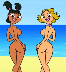 2girls accurate_art_style ass beach blonde_hair breasts camp_tv hair humanoid katie_(tdi) multiple_girls nipples outdoors pigtails sadie_(tdi) short_hair sideboob total_drama_island tulamere