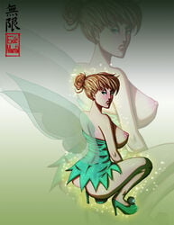 1girls areola blonde_hair blue_eyes blush breasts busty disney disney_fairies eyelashes eyeliner fairy fairy_dust fairy_wings high_heels lipstick makeup nipples peter_pan_(disney) pixie_dust tagme tinker_bell voluptuous