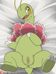 1girls 2018 3_toes anus bed belly blush claws feet female female_only green_skin long_neck meganium nintendo no_nipples nude on_back plant pokémon_(species) pokemon pokemon_gsc presenting presenting_pussy pussy pussy_juice scalie slightly_chubby smile soles spread_legs spreading text url video_games watermark wet wide_hips winick-lim yellow_eyes