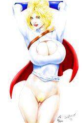 big_breasts blonde_hair blue_eyes bottomless breasts cape cleavage cleavage_cutout dc jaxtraw justice_league kara_zor-l karen_starr large_breasts leotard leotard_pull lipstick pinup pose posing power_girl pubic_hair pussy short_hair standing thick_thighs vagina wide_hips