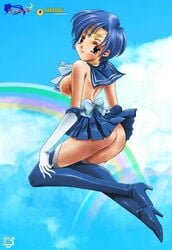 1girls ami_mizuno ass big_breasts bishoujo_senshi_sailor_moon blue_hair boots breasts choker circlet clothing elbow_gloves female female_only gloves high_heel_boots looking_back mmario_grant mmg no_bra no_panties rainbow rear_view sailor_mercury skirt small_breasts solo tagme thigh_boots