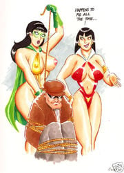 bondage crossover curvy dc dialogue english_text exposed_breasts humor joe_gravel large_breasts nipples one_breast_out phantom_lady_(dc) sandra_knight surprised text vampirella wardrobe_malfunction