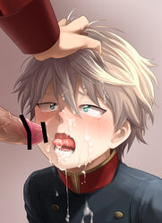 aldnoah.zero aqua_eyes bar_censor blush censored cum cum_on_clothes cum_on_hair facial gay hand_on_head highres penis silver_hair slaine_troyard solo_focus tears text tongue tongue_out translation_request uniform yaoi