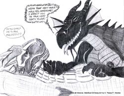 anthro arms_up clenched_teeth crossover disney disney_villains draco dragon dragonheart female femdom imminent_rape maleficent malesub monochrome nipples restrained scales sketch sleeping_beauty_(1959_film) t_dharken