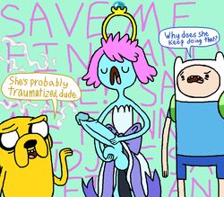 1futa 2boys 4_fingers adventure_time backpack bag bare_arms bare_shoulders bear_hood blonde_hair blue_shirt blue_shorts blue_skin cum dog dress_lift ejaculation engagement_ring engagement_ring_princess english_text erection facing_viewer feet_out_of_frame finn_the_human full-package_futanari full_circle futa_with_male futanari futanari_masturbation green_backpack hard_pixels human intersex jake_the_dog large_penis male masturbation pale_skin penis_out pink_hair purple_ribbon speech_bubble standing strapless_dress t-shirt tanline text text_background uncensored white_dress