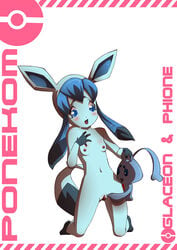 anthro blush breasts color female feral fur furry glaceon interspecies kneeling nekom nipples phione pokemon size_difference tagme vulva