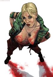 2d armband badge blonde_hair blood blood_on_breasts blue_eyes boots breasts breasts_out cleavage dog_tags eyeliner female female_only hands_on_hips human kissy_face lipstick military_jacket military_uniform mortal_kombat navel nipples open_jacket ponytail pose solo sonya_blade thefoundingfields top_down_view