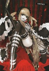 between_legs black_panties blonde_hair blue_eyes boots clothed_masturbation clothing dress gloves goth gothic_lolita margaret_moonlight masturbation masturbation_through_clothing mole mole_under_mouth no_more_heroes official_art panties tagme weapon white_skin