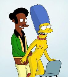 apu_nahasapeemapetilon black_hair blue_hair breasts brown_skin chair clothing color curly_hair dark-skinned_male dark_skin exposed_breasts female hair human interracial long_hair looking_back male marge_simpson mouth necklace open_mouth pants_down pearl_necklace short_hair side_view smile straight the_simpsons yellow_skin