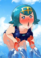 ahegao bent_over biting blue_eyes blue_hair breast_sucking double_breast_sucking exposed_breasts exposed_nipples fish grabbing_self highres hyper_nipples lana_(pokemon) long_nipples mob_face mochizukimochio nintendo nipple_biting ocean one-piece_swimsuit pleasure_face pleasured pokemon pokemon_sm red_face short_blue_hair swimsuit tongue_out torn_swimsuit trial_captain wishiwashi