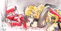 2girls blush crying cum_in_pussy female female_only hand_on_head human incest multiple_girls pantyhose possible_rape pussy red_hair ruby_rose rwby sisters tagme torn_pantyhose tree yang_xiao_long yellow_hair yuri