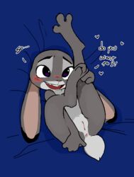 ?! anthro anus blush dialogue disney english_text female flat_chest fur furry furry_only heart judy_hopps lagomorph lying mammal nude on_back open_mouth open_smile paperclip_(artist) pawtsun presenting presenting_anus presenting_pussy pussy rabbit raised_leg smile solo tail talking_to_viewer text zootopia