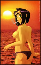 1girls ass bikini_bottom bikini_bottom_only black_hair breasts cartoongirls cigarette cowboy_bebop faye_valentine female greeen_eyes hairband human large_breasts mostly_nude nipple nipples pale-skinned_female pale_skin purple_hair short_hair smoking sunglasses_on_head tagme topless topless_female