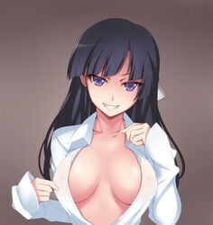 black_hair clenched_teeth erect_nipples fangs female hair_ribbon hevn kakumeiki_valvrave looking_at_viewer nipples no_bra open_clothes open_shirt pointy_chin purple_eyes rukino_saki see-through simple_background smile solo