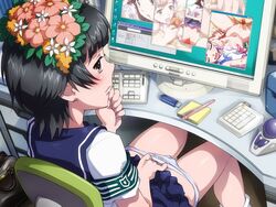 black_hair clothed_female computer masturbation misaka_imouto monitor panties panties_down pornography short_hair sitting skirt tagme to_aru_majutsu_no_index touma_kamijou uiharu_kazari