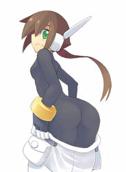 1girls aile ass bodysuit brown_hair female fingerless_gloves green_eyes looking_back mega_man mega_man_zx_advent ponytail shigehiro_(artist) shorts small_breasts solo stripping very_long_hair