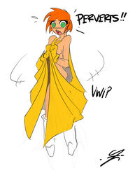 artist_signature cape clothing embarrassed embarrassed_nude_female female floating footwear green_eyes handwear human jolly_jack light_skin little_victory mostly_nude outerwear red_hair superheroine tagme unreadable_signature victoria_schneider victory_girl