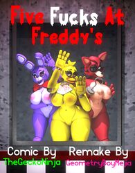 3d 4_fingers absurd_res bib bonnie_(fnaf) bow_tie breasts canid canine chica_(fnaf) english_text eye_patch eyeshadow eyewear female fingers five_nights_at_freddy's fox foxy_(fnaf) geometryboymejia group hi_res hook hook_hand hybrid lagomorph leporid makeup mammal profanity rabbit text thegeckoninja video_games