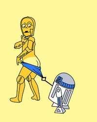 ass ass_cleavage astromech_droid butt butt_crack c-3po coppertone droid male male_only protocol_droid pulling_underwear r2-d2 simple_background star_wars tagme tan tanline underwear yellow_background