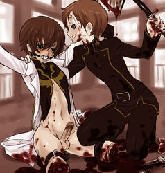 amputation axe ball_gag bleeding blood blood_puddle blood_stain bloody_axe bloody_clothes bound brown_hair clothes code_geass color dismemberment gag gore guro hair human indoors injury male male_only male_ryona multiple_males open_clothes penis puddle rolo_lamperouge short_hair sitting stained_clothes suzaku_kururugi syringe wound yaoi