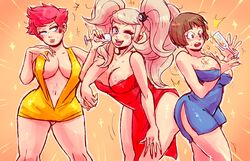 3girls alcohol bare_shoulders blonde_hair blue_dress blue_eyes blush bob_cut breasts brown_eyes brown_hair champagne clothing color crossover danganronpa dress drinking_glass female gyaru hair_ornament junko_enoshima kill_la_kill kumatora leaning_forward locked_arms looking_at_viewer mankanshoku_mako mother_(series) mother_3 multiple_girls nail_polish notsafeforfruit orange_background pink_hair red_dress red_nails side_slit simple_background straight_hair tied_hair twintails wide_hips wink yellow_dress